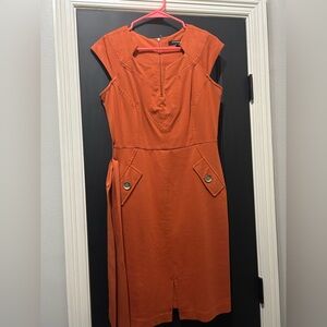 Sharagano Orange Sheath Dress with Notched Collar and Flutter Cap Sleeves